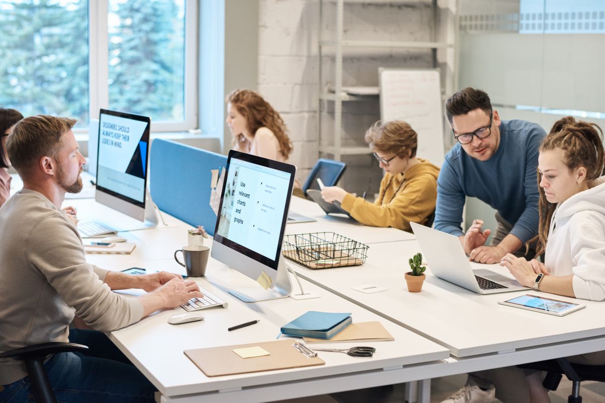 Colleagues working with desktop computers