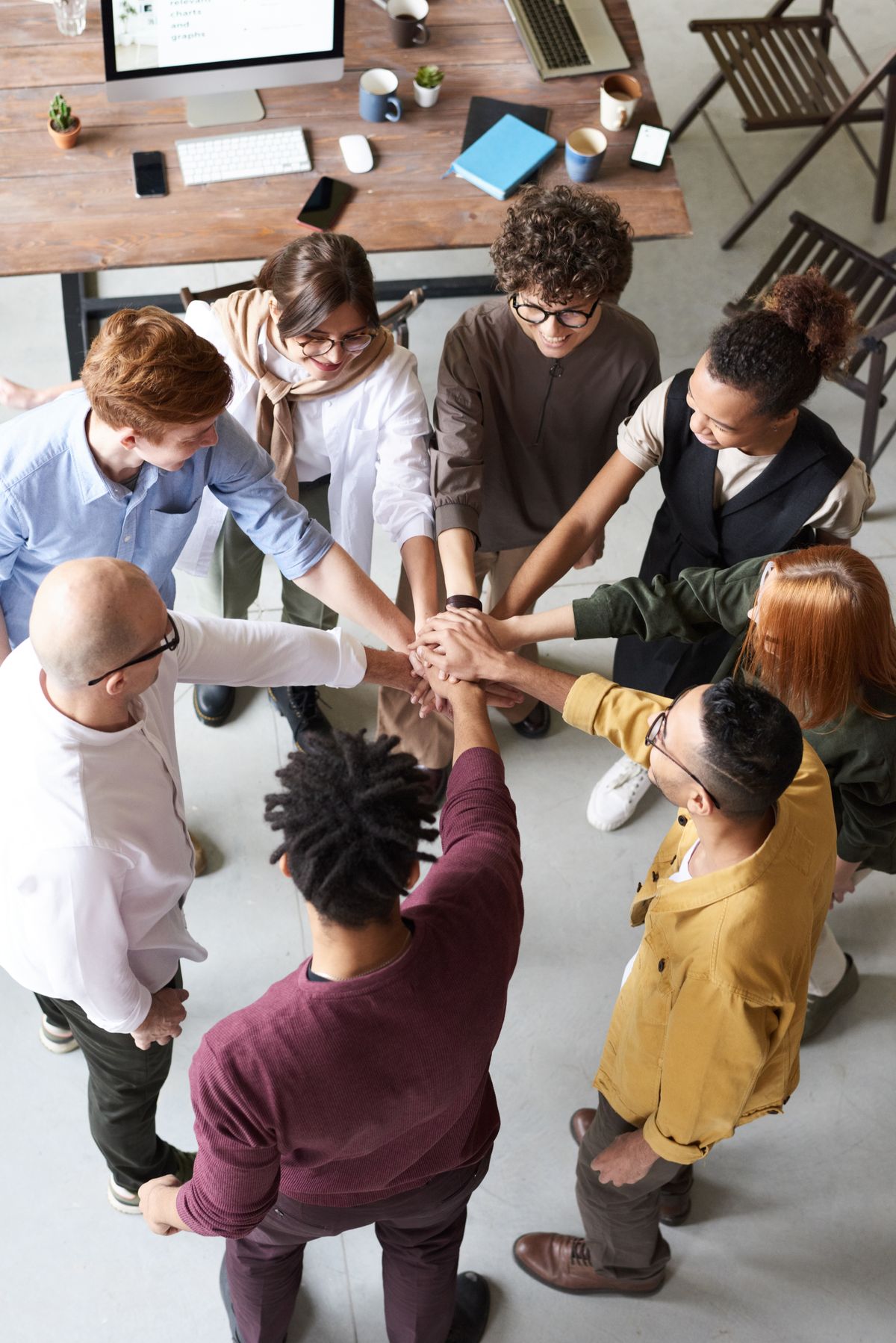 An overhead view of a group meeting