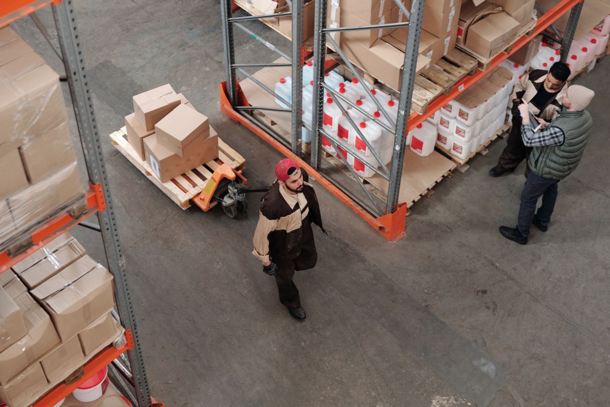 An overhead view of shelves in a warehouse